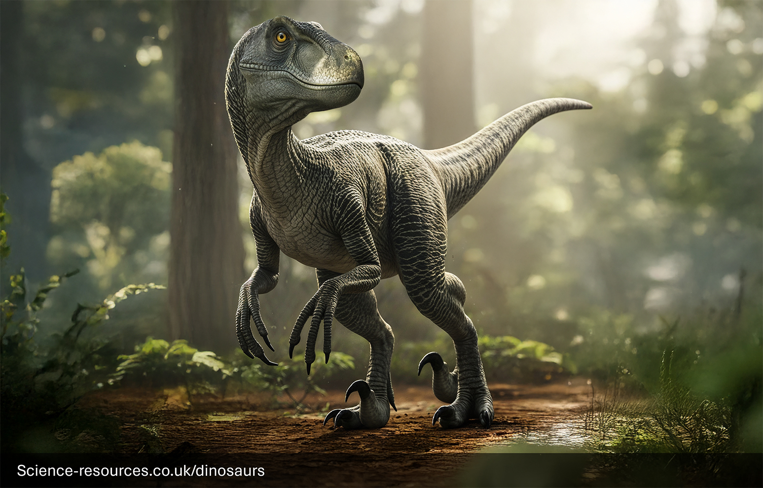 Velociraptor (as depicted in the Jurassic park movie franchise) standing in a prehistoric clearing.